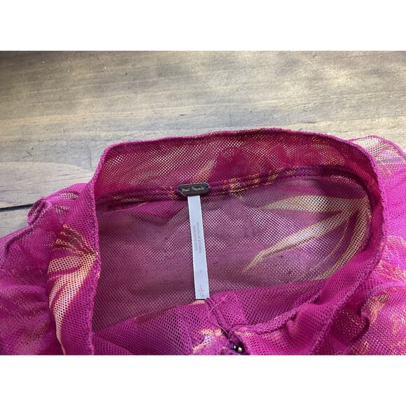 Free People Time For Shine Mesh Cropped Smocked Pink Purple Floral Blouse Top L - Picture 6 of 12